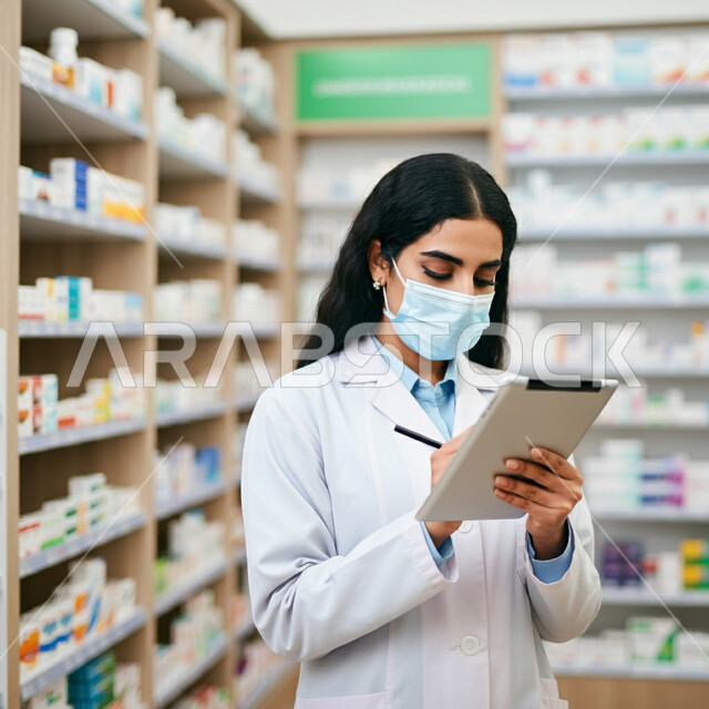 Using modern technical devices, inventorying and checking the stock of medicines and medical supplies inside the pharmacy, a close-up image of a Saudi Arabian Gulf woman wearing a white coat and a mask holding a tablet in her hand searching for a prescription, following the procedures and preventive precautions against Covid 19