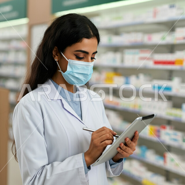 استخدام الاجهزة التقنية الحديثة، جرد وفحص مخزون الأدوية والمستلزمات الطبية داخل الصيدلية، صورة مقربة لإمرأه عربية سعودية خليجية ترتدي المعطف الأبيض والكمامة تمسك بيدها الجهاز اللوحي تقوم بالبحث عن الوصفة الدوائية، إتباع الإجراءات و الاحترازات الوقائيه ضد كوفيد 19