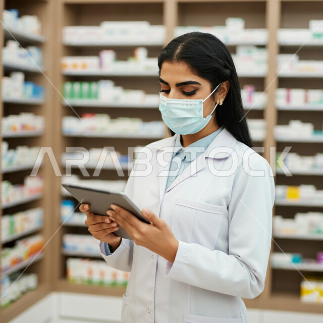 استخدام الاجهزة التقنية الحديثة، جرد وفحص مخزون الأدوية والمستلزمات الطبية داخل الصيدلية، صورة مقربة لإمرأه عربية سعودية خليجية ترتدي المعطف الأبيض والكمامة تمسك بيدها الجهاز اللوحي تقوم بالبحث عن الوصفة الدوائية، إتباع الإجراءات و الاحترازات الوقائيه ضد كوفيد 19