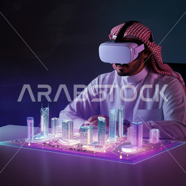 Using technology and modern devices, Saudi Vision 2030, a Saudi Arabian Gulf man wearing traditional thobe and shemagh, wearing virtual reality glasses, sitting in front of a desk with a table containing holographic screens and three-dimensional models of towers and skyscrapers, integration and simulation of the imaginary world