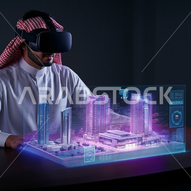 استخدام التقنية والاجهزة الحديثة، رؤية مستقبلية سعودية 2030، رجل عربي خليجي سعودي يرتدي الثوب التقليدي والشماغ يضع نظارة الواقع الافتراضي يجلس امام مكتب بطاولة تحوي شاشات هولوجرامية ومجسمات ثلاثية الأبعاد لابراج وناطحات السحاب، الاندماج ومحاكاة العالم الخيالي
