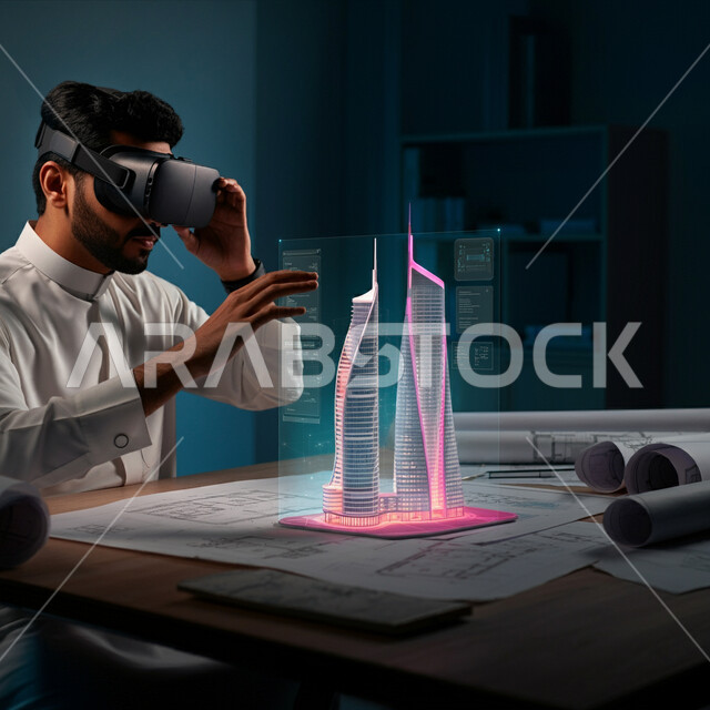استخدام التقنية والاجهزة الحديثة، رؤية مستقبلية سعودية 2030، رجل عربي خليجي سعودي يرتدي الثوب التقليدي يضع نظارة الواقع الافتراضي يجلس امام مكتب يقوم بمحاولة  لمس مجسمات ثلاثية الأبعاد لابراج وناطحات السحاب، الاندماج ومحاكاة العالم الخيالي
