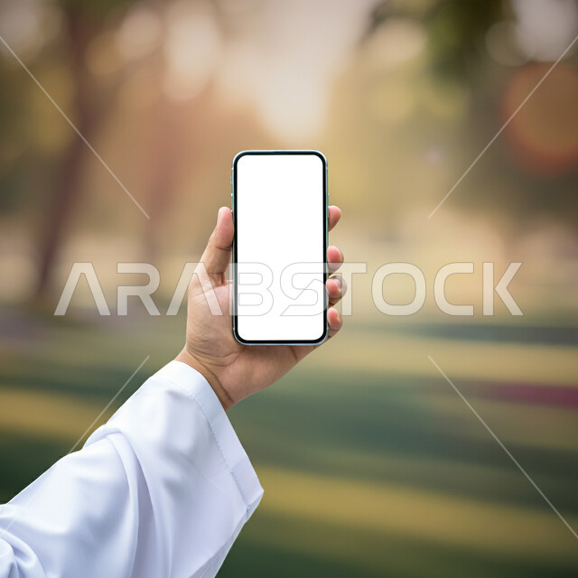 دور التكنولوجيا الحديثة في توفير راحة أكبر للأفراد، صورة مقربة ليد رجل عربي خليجي سعودي يعرض شاشة بيضاء فارغة عبر الهاتف المحمول، اعلانات تسويقية ترويجية، الاستمتاع في التقاط صور تذكارية للمناظر الطبيعيه، استخدام التقنيات المتطورة