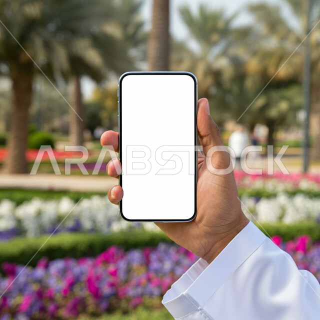 The role of modern technology in providing greater comfort for individuals, a close-up of the hand of a Saudi Arabian Gulf man displaying a blank white screen via a mobile phone, promotional marketing advertisements, enjoying taking souvenir photos of natural scenery, using advanced technologies