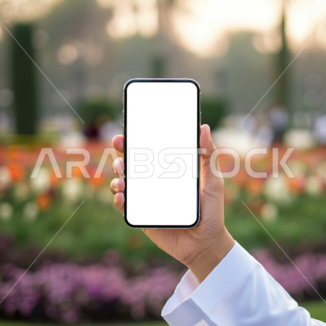 دور التكنولوجيا الحديثة في توفير راحة أكبر للأفراد، صورة مقربة ليد رجل عربي خليجي سعودي يعرض شاشة بيضاء فارغة عبر الهاتف المحمول، اعلانات تسويقية ترويجية، الاستمتاع في التقاط صور تذكارية للمناظر الطبيعيه، استخدام التقنيات المتطورة
