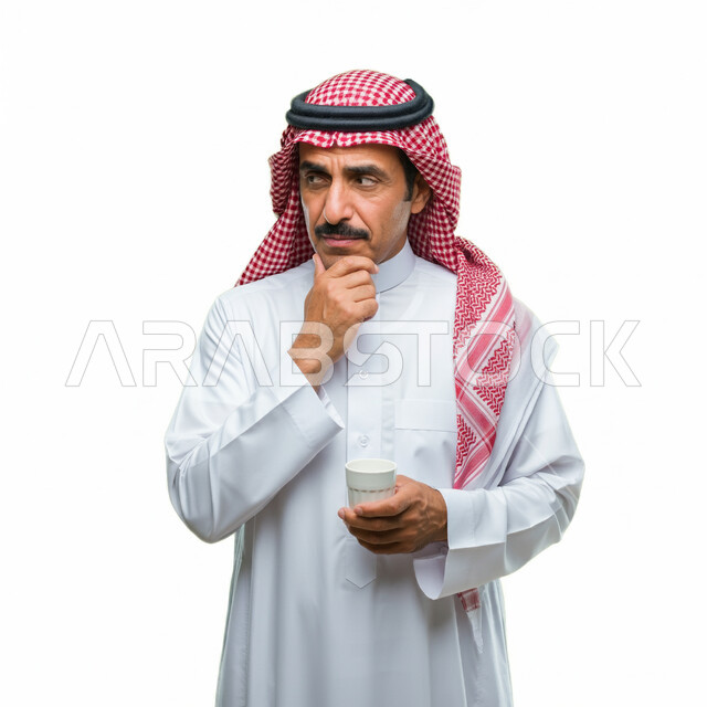 Contemplation and focus to find a solution to a problem, portrait of a Saudi Arabian Gulf man wearing traditional thobe and shemagh holding a cup and putting his hand on his chin with expressions of thinking and focusing on something, gestures of absent-mindedness, confusion and anxiety, drinking hot drinks, contemplation and planning for the future, white background