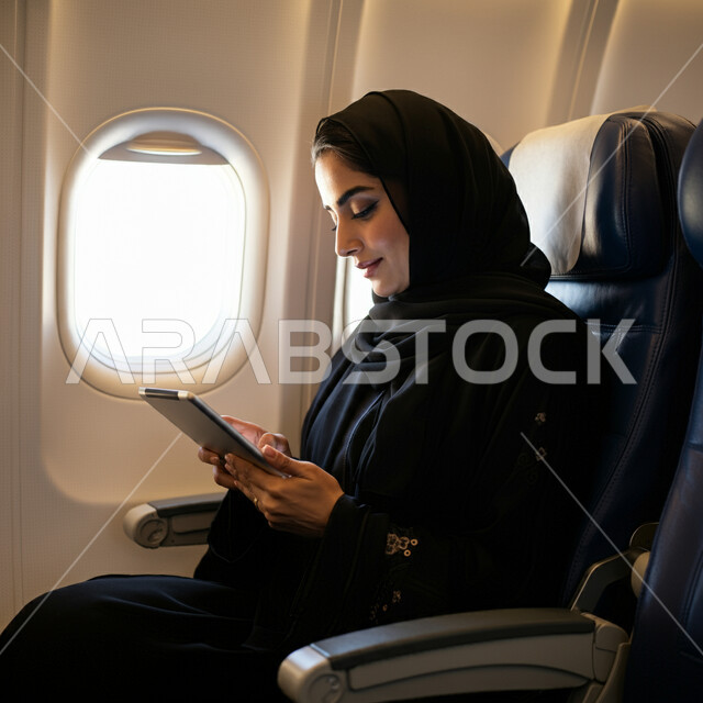 Using modern devices and technologies, spending a fun summer vacation, the concept of tourism, travel and recreational tours, communicating with family and friends via tablet, completing work tasks remotely, a veiled Saudi Arabian Gulf woman wearing an abaya sitting on the plane with gestures of happiness