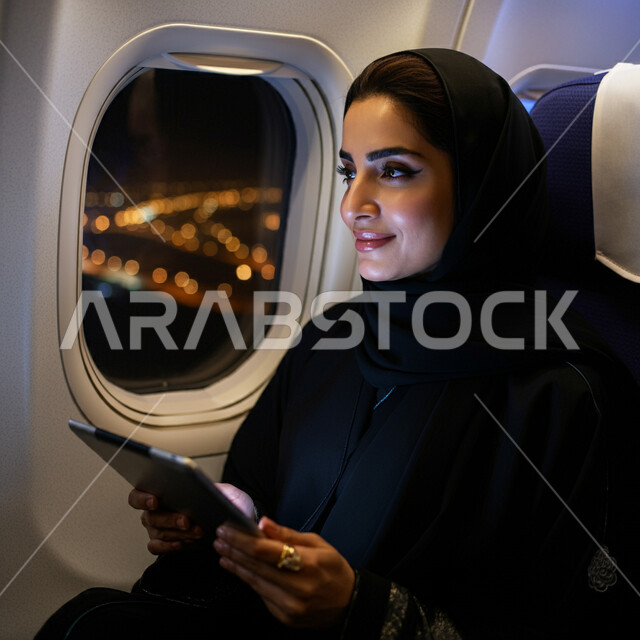 Completing work tasks remotely, a veiled Saudi Arabian Gulf woman wearing an abaya sitting on a plane with gestures of happiness, using modern devices and technologies, spending a fun summer vacation, the concept of tourism, travel and recreational tours, communicating with family and friends via tablet