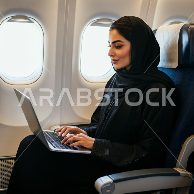 قضاء عطلة صيفية سياحية ممتعة, مفهوم السياحة والسفر والقيام بالجولات الترفيهية، التواصل مع الأهل والاصدقاء عبر اللابتوب، انجاز مهام العمل عن بعد، امرأة سعودية عربية خليجية محجبة ترتدي العباءة تجلس في الطائرة بايماءات السعادة، استخدام الأجهزة والتقنيات الحديثة