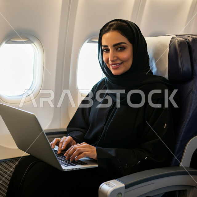 القيام بالجولات الترفيهية، التواصل مع الأهل والاصدقاء عبر اللابتوب، انجاز مهام العمل عن بعد، امرأة سعودية عربية خليجية محجبة ترتدي العباءة تجلس في الطائرة، النظر الى الكاميرا بايماءات السعادة، استخدام الأجهزة والتقنيات الحديثة، قضاء عطلة صيفية سياحية ممتعة