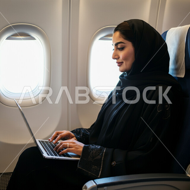 قضاء عطلة صيفية سياحية ممتعة, مفهوم السياحة والسفر والقيام بالجولات الترفيهية، التواصل مع الأهل والاصدقاء عبر اللابتوب، انجاز مهام العمل عن بعد، امرأة سعودية عربية خليجية محجبة ترتدي العباءة تجلس في الطائرة بايماءات السعادة، استخدام الأجهزة والتقنيات الحديثة