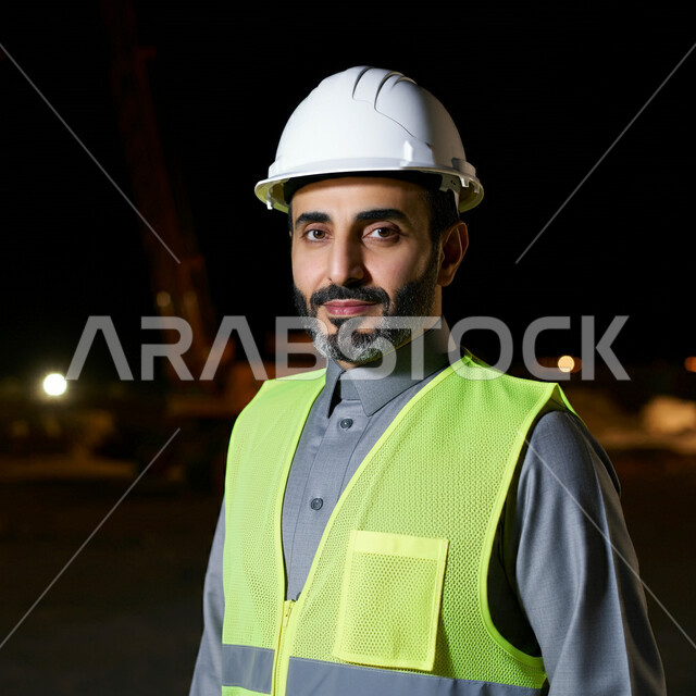 Architectural engineering plans and projects on site, close-up of a Saudi Arabian Gulf engineer standing straight wearing a helmet and a safety vest looking at the camera with gestures of self-confidence, urban growth and development by the sons of the homeland, completing work tasks and following up on the progress of the project