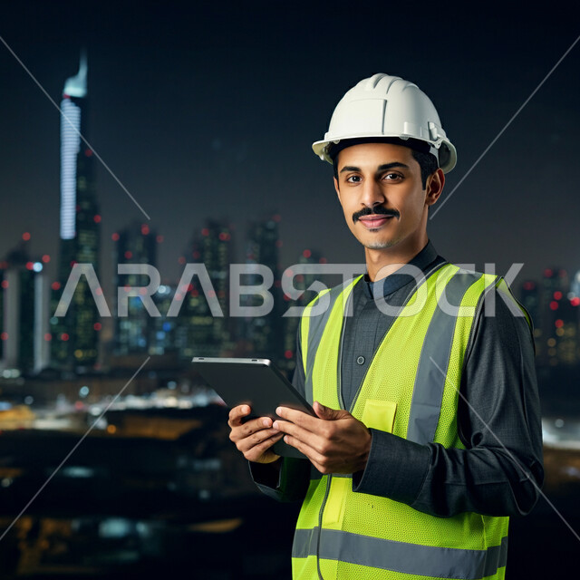 النمو والتقدم العمراني بأيدي أبناء الوطن في المملكة العربية السعودية، صورة مقربة لمهندس عربي خليجي سعودي يرتدي سترة الحماية والخوذة يسمك بيده الجهاز اللوحي، إنجاز مهام العمل ومتابعة سير المشروع، استخدام الأجهزة التقنية الحديثة، خلفية العاصمة الرياض