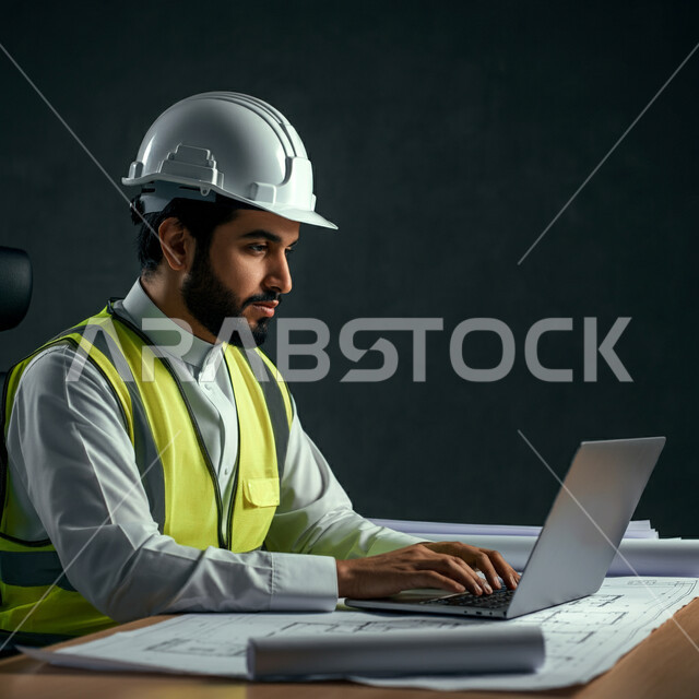 مخططات البناء على طاولة مكتبية، بورتريه مقرب لمهندس عربي خليجي سعودي يرتدي سترة الحماية والخوذة يقوم باستخدام الحاسوب المحمول, إنجاز مهام العمل ومتابعة سير المشروع، وظائف شبابية في المملكة العربية السعودية، دمج التكنولوجيا والأجهزة الحديثة بالأعمال، خلفية رمادية