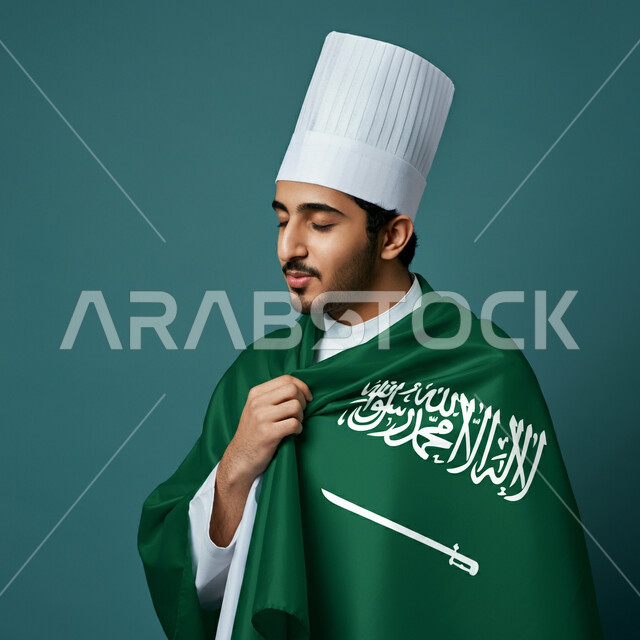 ذكرى اليوم الوطني السعودي 23 سبتمبر، التعبير عن حب الوطن والانتماء إليه,  الاحتفال بيوم العلم 11 مارس، بورتريه مقرب لشيف عربي خليجي سعودي يرتدي زي الطهاة يضع علم المملكة على ظهره، احتراف مهنة وفنون الطبخ، خلفية زرقاء