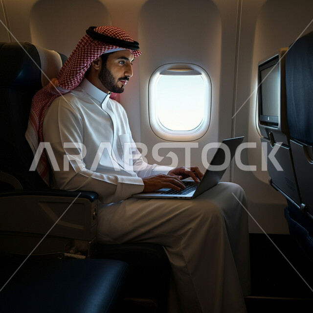 التواصل مع الأهل والاصدقاء عبر اللابتوب، انجاز مهام العمل عن بعد بايماءات الاندماج، صورة من الجانب لرجل عربي خليجي سعودي يرتدي الثوب التقليدي والشماغ يجلس في الطائرة ويعمل على الحاسب المحمول، استخدام الأجهزة والتقنيات الحديثة، مفهوم السياحة والسفر