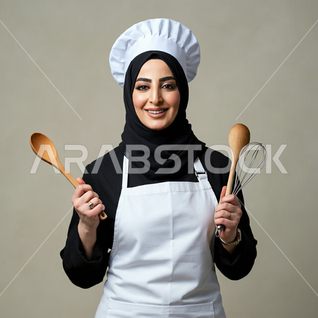 فن الطهي وتحضير الأطعمة اللذيذة، فنون ومهارات الطبخ, العمل في مطابخ ومطاعم المملكة، النطر الى الكاميرا بايماءات السعادة والسرور، بورتريه مقرب لامرأة عربية خليجية سعودية محجبة مبتسمة ترتدي المئزر تمسك بيدها أدوات المطبخ، خلفية بيج