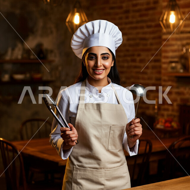 العمل في مطابخ ومطاعم المملكة، فن الطهي وتحضير الأطعمة اللذيذة، فنون ومهارات الطبخ, النطر الى الكاميرا بايماءات السعادة والسرور، صورة مقربة لامرأة عربية خليجية سعودية مبتسمة ترتدي المئزر تمسك بيدها أدوات المطبخ