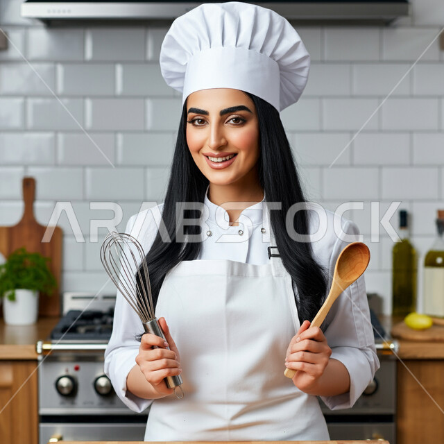 العمل في مطابخ ومطاعم المملكة، فن الطهي وتحضير الأطعمة اللذيذة، فنون ومهارات الطبخ, النطر الى الكاميرا بايماءات السعادة والسرور، صورة مقربة لامرأة عربية خليجية سعودية مبتسمة ترتدي المئزر تمسك بيدها أدوات المطبخ