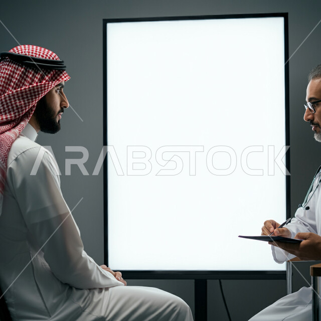 موك اب ابيض مستطيل فارغ، تقديم الاستشارات والخدمات العلاجية، مفهوم الطب والرعاية الصحية، طبيب عربي خليجي سعودي يرتدي المعطف الابيض والسماعة الطبية يقوم بمعاينة المريض، العمل في القطاع الصحي في المملكة العربية السعودية، إجراء الفحوصات والمتابعة الدورية للمرضى