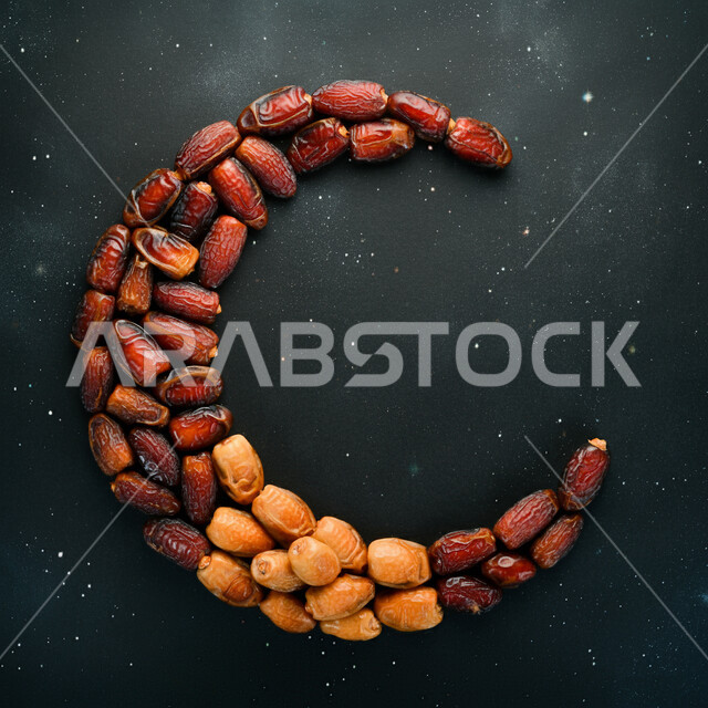مجسم هلال مصنوع من حبات التمر السكري، زينة واجواء شهر رمضان المبارك، تمور صحية لذيذة، وجبة ذات قيمة غذائية عالية الأهمية، منتجات ومحاصيل زراعية محلية وطنية، خلفية سوداء