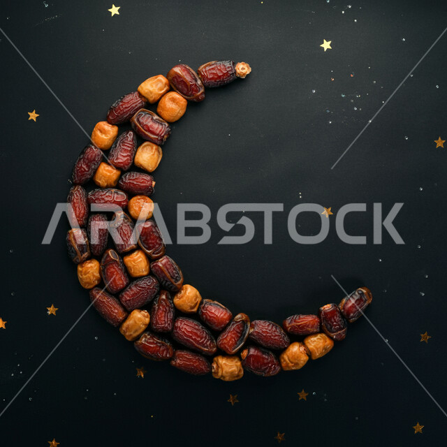 زينة واجواء شهر رمضان المبارك، مجسم هلال مصنوع من حبات التمر السكري، تمور صحية لذيذة، وجبة ذات قيمة غذائية عالية الأهمية، منتجات ومحاصيل زراعية محلية وطنية، خلفية سوداء