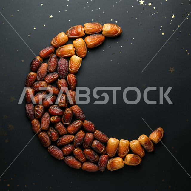 مجسم هلال مصنوع من حبات التمر السكري، زينة واجواء شهر رمضان المبارك، تمور صحية لذيذة، وجبة ذات قيمة غذائية عالية الأهمية، منتجات ومحاصيل زراعية محلية وطنية، خلفية سوداء