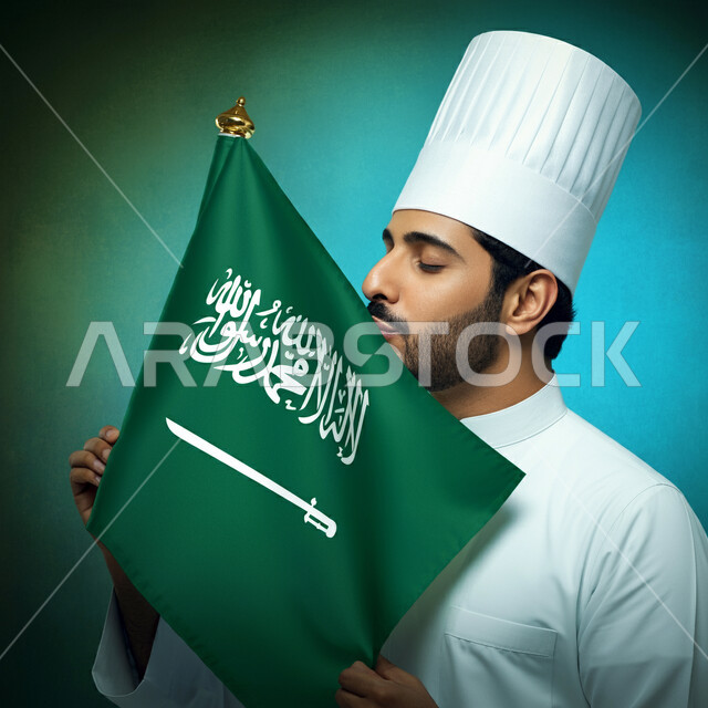  احتراف مهنة وفنون الطبخ، التعبير عن حب الوطن والانتماء إليه, ذكرى اليوم الوطني السعودي 23 سبتمبر، الاحتفال بيوم العلم 11 مارس، بورتريه مقرب لشيف عربي خليجي سعودي يرتدي زي الطهاة يقوم بتقبيل علم المملكة، خلفية ملونة