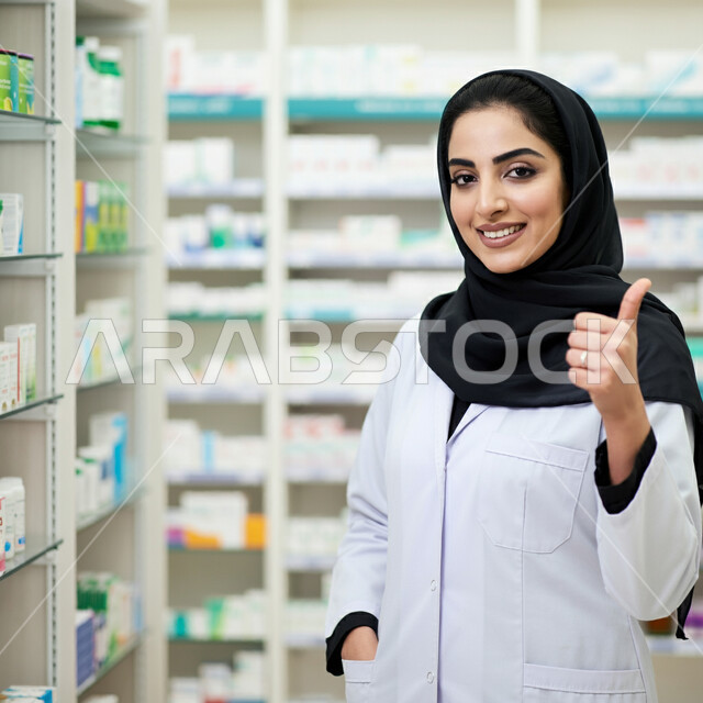 علامة الجودة والقبول، تقديم الخدمات العلاجية في المستشفيات والمراكز الصحية، صورة مقربة لطبيبة عربية خليجية سعودية محجبة ترتدي المعطف الابيض تنظر الى الكاميرا ترفع إصبع الابهام للاعلى بإيماءات الإعجاب والرضا