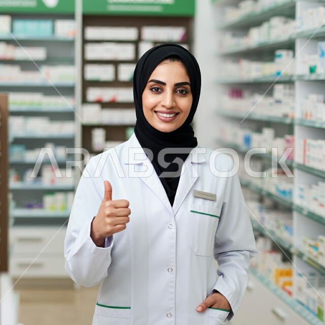علامة الجودة والقبول، تقديم الخدمات العلاجية في المستشفيات والمراكز الصحية، صورة مقربة لطبيبة عربية خليجية سعودية محجبة ترتدي المعطف الابيض تنظر الى الكاميرا ترفع إصبع الابهام للاعلى بإيماءات الإعجاب والرضا
