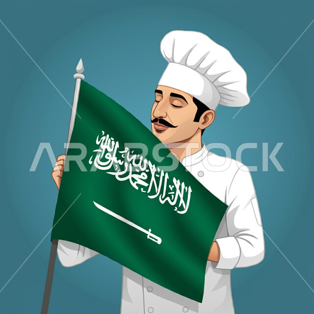  الاحتفال بيوم العلم 11 مارس، التعبير عن حب الوطن والانتماء إليه, ذكرى اليوم الوطني السعودي 23 سبتمبر، رسوم توضيحية ثلاثية الابعاد لشيف عربي خليجي سعودي يرتدي زي الطهاة يقوم بتقبيل علم المملكة، احتراف مهنة وفنون الطبخ، خلفية زرقاء