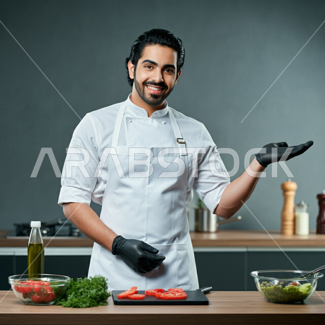 احتراف مهنة وفنون الطبخ، صورة مقربة لشيف عربي خليجي سعودي يرتدي زي الطهاة يعمل في المطبخ ينظر إلى الكاميرا بتعابير السعادة والسرور، الفن في إعداد وتقديم الأصناف المتنوعة، العمل في مطابخ ومطاعم المملكة العربية السعودية