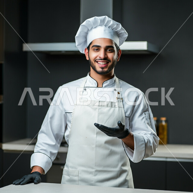 احتراف مهنة وفنون الطبخ، صورة مقربة لشيف عربي خليجي سعودي يرتدي زي الطهاة يعمل في المطبخ ينظر إلى الكاميرا بتعابير السعادة والسرور، الفن في إعداد وتقديم الأصناف المتنوعة، العمل في مطابخ ومطاعم المملكة العربية السعودية