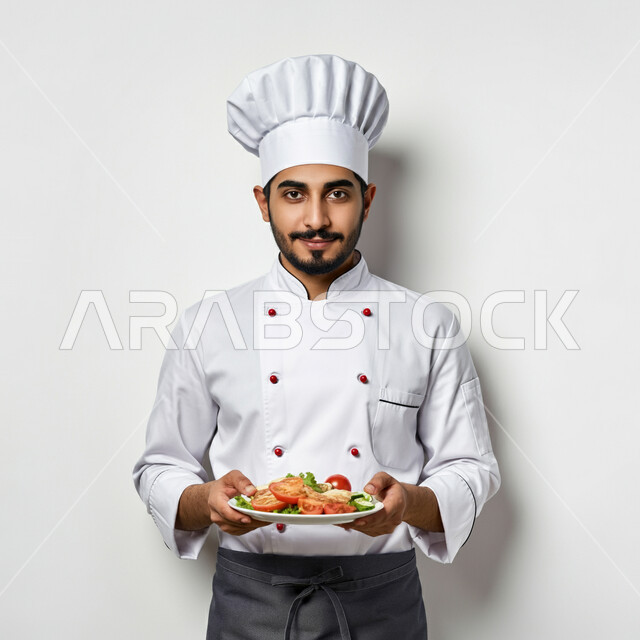 الفن في إعداد وتقديم الأصناف المتنوعة، احتراف مهنة وفنون الطبخ، بورتريه مقرب لشيف عربي خليجي سعودي يرتدي زي الطهاة يعمل في المطبخ يحمل بيده طبق طعام ينظر إلى الكاميرا بتعابير السعادة والسرور، العمل في مطابخ ومطاعم المملكة العربية السعودية، خلفية بيضاء