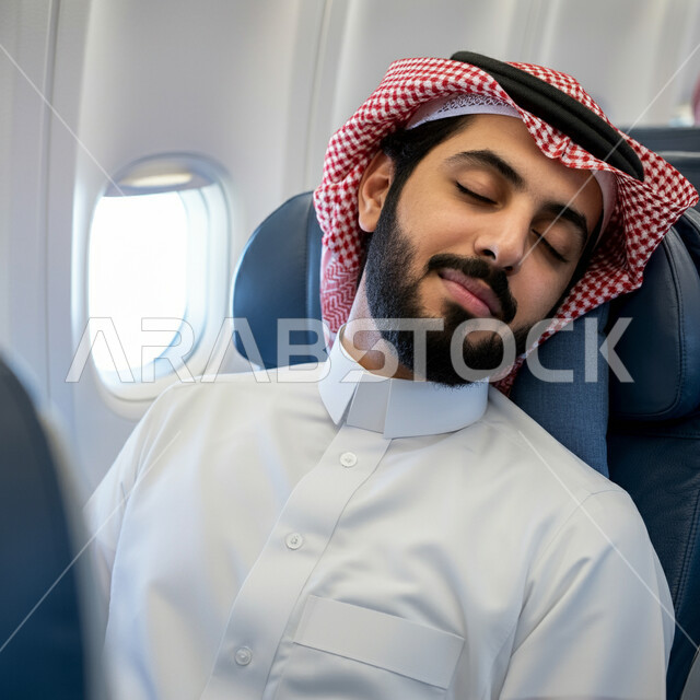 ايماءات النوم والاسترخاء، الشعور بالارهاق والتعب، رجل عربي سعودي خليجي يرتدي الشماغ والثوب التقليدي يجلس في مقصورة الطائرة بجانب النافذة، قضاء عطلة سياحية ممتعة، مفهوم السياحة والسفر والقيام بالجولات الترفيهية، خطوط الطيران الجوية السعودية في المملكة