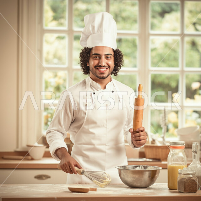  العمل في مطابخ ومطاعم المملكة، فن الطهي وتحضير الأطعمة اللذيذة، فنون ومهارات الطبخ, النطر الى الكاميرا بايماءات السعادة والسرور، صورة مقربة لطباخ عربي خليجي سعودي مبتسم يرتدي المئزر يمسك بيده أدوات المطبخ