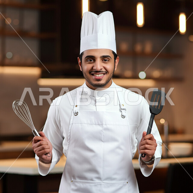  العمل في مطابخ ومطاعم المملكة، فن الطهي وتحضير الأطعمة اللذيذة، فنون ومهارات الطبخ, النطر الى الكاميرا بايماءات السعادة والسرور، صورة مقربة لطباخ عربي خليجي سعودي مبتسم يرتدي المئزر يمسك بيده أدوات المطبخ