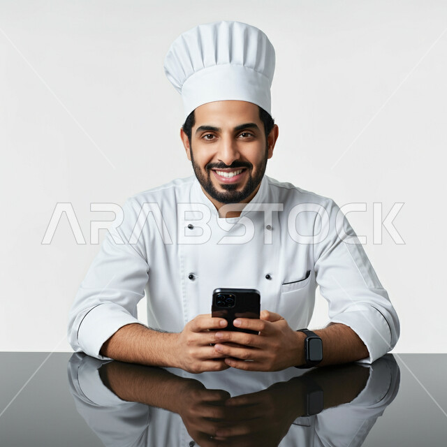 استخدام الاجهزة التقنية الحديثة والمتطورة، العمل في مطابخ ومطاعم المملكة، فن الطهي وتحضير الأطعمة اللذيذة، فنون ومهارات الطبخ,  بورتريه مقرب لطباخ عربي خليجي سعودي مبتسم يرتدي المئزر يمسك بيده الهاتف المحمول بايماءات السعادة والسرور، خلفية بيضاء