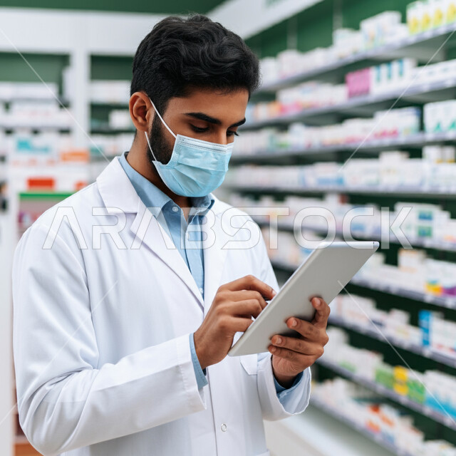 Providing health care and prescriptions, checking and inventorying the stock of medicines and medical supplies inside the pharmacy, close-up of a Saudi Arabian Gulf pharmacist wearing a medical uniform holding a tablet in his hand searching for a prescription, following the procedures and preventive precautions against Covid 19