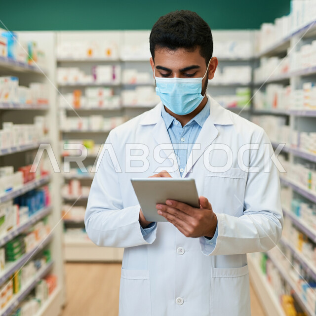 تقديم الرعاية الصحية والوصفات الطبية، فحص وجرد مخزون الأدوية والمستلزمات الطبية داخل الصيدلية، صورة مقربة لصيدلاني عربي سعودي خليجي يرتدي اليونيفورم الطبي يمسك بيده الجهاز اللوحي يقوم بالبحث عن الوصفة الدوائية، إتباع الإجراءات و الاحترازات الوقائيه ضد كوفيد 19