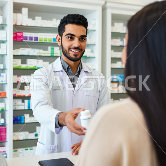 أداء الواجبات المهنية بجودة عالية، صرف العقاقير الموجودة في الوصفات الطبية ، توفير وتجهيز الادوية اللازمة للمريضة،  صيدلي عربي خليجي سعودي يرتدي المعطف الابيض يقوم باستقبال المرضى وتقديم العلاج اللازم، مفهوم الصيدلة والرعاية الصحية