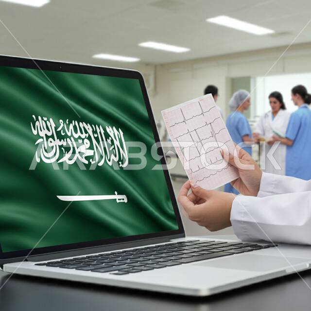 استخدام الأجهزة الالكترونية الحديثة في المجال الطبي، عرض علم المملكة العربية السعودية على شاشة الحاسوب المحمول في اليوم الوطني السعودي 23 سبتمبر، صورة مقربة لطبيب عربي خليجي سعودي يرتدي المعطف الطبي يقوم بتقديم الرعاية الصحية لأبناء الوطن