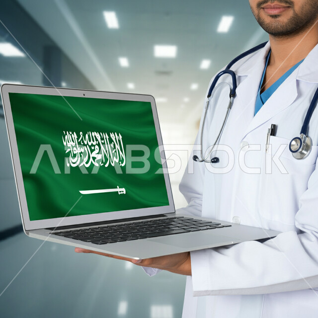 استخدام الأجهزة الالكترونية الحديثة في المجال الطبي، عرض علم المملكة العربية السعودية على شاشة الحاسوب المحمول في اليوم الوطني السعودي 23 سبتمبر، صورة مقربة لطبيب عربي خليجي سعودي يرتدي المعطف الطبي يقوم بتقديم الرعاية الصحية لأبناء الوطن