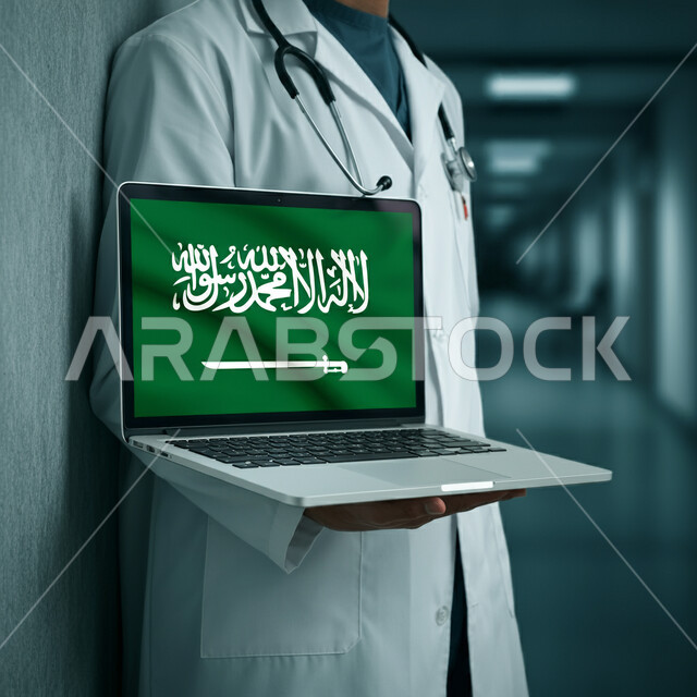 استخدام الأجهزة الالكترونية الحديثة في المجال الطبي، عرض علم المملكة العربية السعودية على شاشة الحاسوب المحمول في اليوم الوطني السعودي 23 سبتمبر، صورة مقربة لطبيب عربي خليجي سعودي يرتدي المعطف الطبي يقوم بتقديم الرعاية الصحية لأبناء الوطن