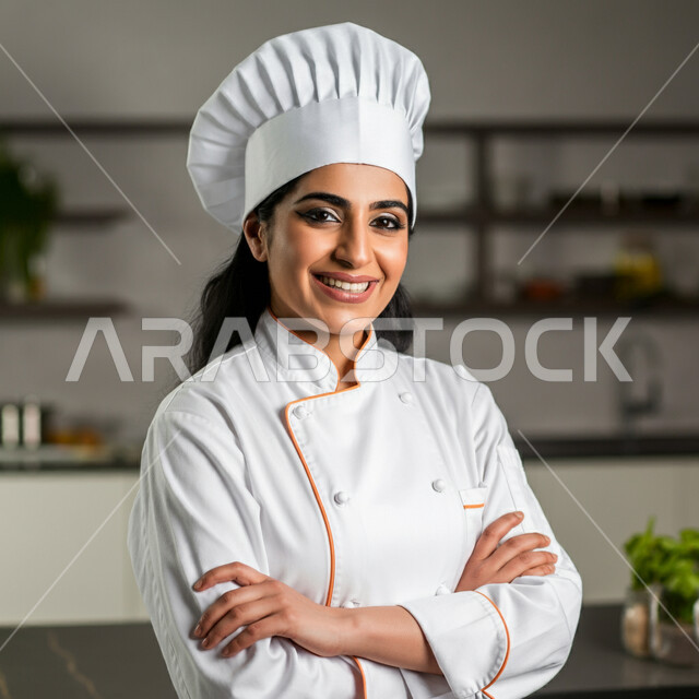 احتراف مهنة وفنون الطبخ، صورة مقربة لشيف عربية خليجية سعودية نرتدي زي الطهاة تعمل في المطبخ تقف بإيماءات أيدي متقاطعة، النظر إلى الكاميرا بتعابير السعادة والسرور، الفن في إعداد وتقديم الأصناف المتنوعة، العمل في مطابخ ومطاعم المملكة العربية السعودية