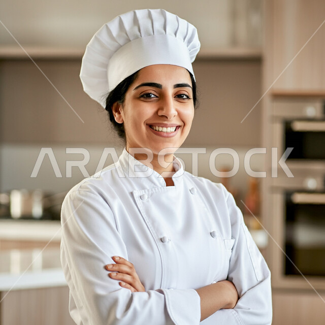 Professionalism in the profession and art of cooking, close-up of a Saudi Arabian Gulf chef wearing a chef's uniform working in the kitchen standing with crossed hands gestures, looking at the camera with expressions of happiness and pleasure, the art of preparing and presenting various dishes, working in the kitchens and restaurants of the Kingdom of Saudi Arabia