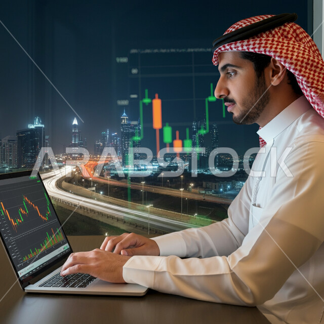 عرض المخططات البيانية المالية, إدارة شؤون الأعمال وتنظيمها عبر الاجهزة التقنية، دمج العمل مع التكنولوجيا، صورة من الجانب لرجل اعمال عربي خليجي سعودي يرتدي الزي التقليدي والشماغ  يعمل على الحاسوب المحمول, العمل في المجال الاقتصادي، صعود وهبوط مؤشر البورصة