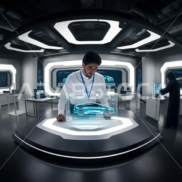  مفهوم صناعة السيارات، المخططات والتصاميم الهندسية لمشاريع المستقبل، التطور التقني والتكنولوجي، رجل عربي خليجي سعودي يرتدي الثوب التقليدي يضع البطاقة التعريفية ينظر الى رسوم بيانية هولوجرامية ثلاثية الابعاد للنموذج الأولي لهيكل السيارة, رؤية مستقبلية سعودية2030