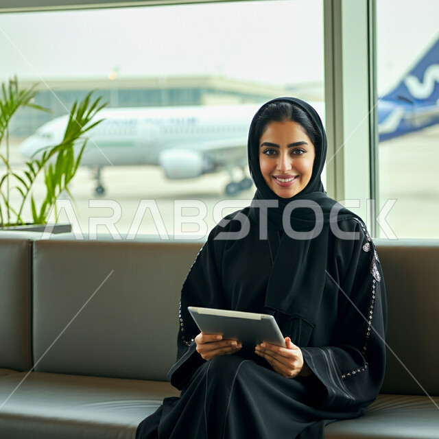 النظر الى الكاميرا بايماءات السعادة والحماس، انجاز مهام الاعمال عن بعد، مفهوم الرحلات الجوية السياحية, سيدة أعمال عربية سعودية خليجية محجبة ترتدي العباءة السوداء تجلس داخل صالة الانتظار في المطار تعمل على جهاز التابليت, الاستعداد للسفر في رحلة عمل ممتعة