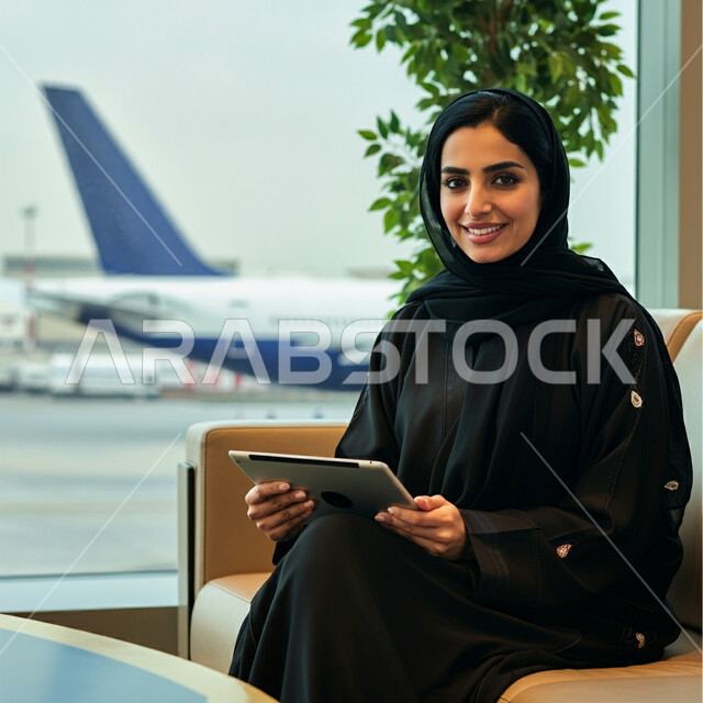 النظر الى الكاميرا بايماءات السعادة والحماس، انجاز مهام الاعمال عن بعد، مفهوم الرحلات الجوية السياحية, سيدة أعمال عربية سعودية خليجية محجبة ترتدي العباءة السوداء تجلس داخل صالة الانتظار في المطار تعمل على جهاز التابليت, الاستعداد للسفر في رحلة عمل ممتعة